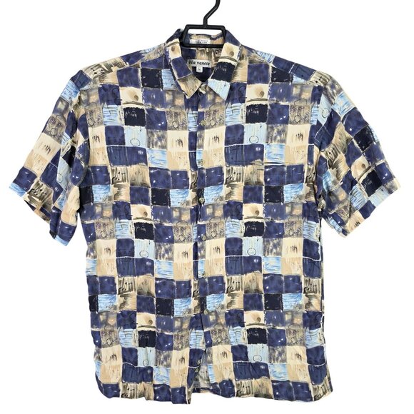 Mens Via Veneto Beige & Blue Geometric Rayon Shirt Button Up Short Sleeve Size L - Picture 1 of 7